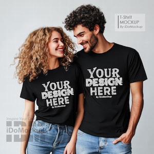 Couple Black Bella Canvas 3001 Tshirt mockup, couple model Tshirt Mock up, Simple Black Tshirt Mock up for anniversary love