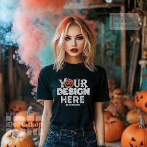 Halloween Tshirt Mockup, Black Gildan 5000 shirt mockup T-shirt, female Model Mockup Black Gildan Mock Ups, Fall shirt, Oversized Shirt Mock