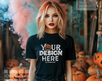 Halloween Tshirt Mockup, Black Gildan 5000 shirt mockup T-shirt, female Model Mockup Black Gildan Mock Ups, Fall shirt, Oversized Shirt Mock
