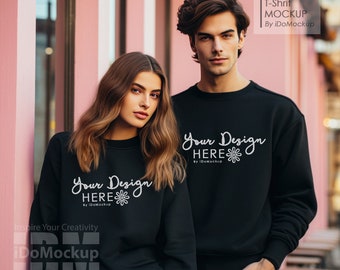 Paar Black Gildan 18000 Sweatshirt mock up, paar model Sweatshirt Mockup, Man en vrouw paar sweatshirt Mock up, Liefde romantiek koppel