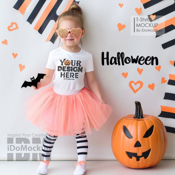 Halloween Kids Tshirt Mockup, White Bella Canvas 3001T T-Shirt fall Halloween Mockup baby girl kids model white crewneck shirt mock up