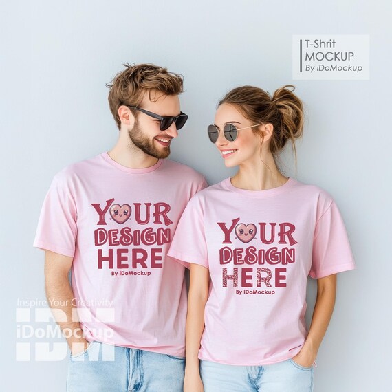 Couple Pink Blossom Comfort Colors 1717 Tshirt mockup, couple oversized Tshirt,  Model couple TShirt Oversized Mock Up, valentine mockup