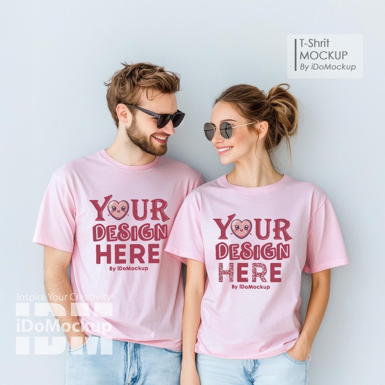 Couple Pink Blossom Comfort Colors 1717 Tshirt mockup, couple oversized Tshirt,  Model couple TShirt Oversized Mock Up, valentine mockup