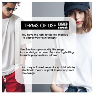 May include: Two people wearing white t-shirts, one with a red and white baseball cap and the other with a black baseball cap. The text "TERMS OF USE" is displayed in black letters on a white background. The text "Inspire Your Creativity" is displayed in black letters on a white background. The text "iDoMockup" is displayed in black letters on a white background. The text "You have the right to use this mockup to display your own designs." is displayed in black letters on a white background. The text "Feel free to crop or modify this image for your design purposes. Reproducing/editing for resale purposes is not allowed." is displayed in black letters on a white background. The text "You may not resell, reproduce, distribute by electronic means or profit in any way from the design." is displayed in black letters on a white background.