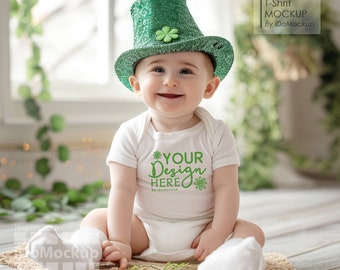 St Patricks Day Baby Onesie Mockup, White Baby Onesie Mockup, White Rabbit skins 4400, infant Baby Bodysuit Mockup, Cute baby model