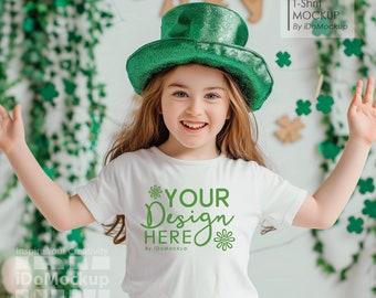 Kids St Patricks Day Tshirt mockup, Kids Bella Canvas 3001 White Kids Shirt Mockup Girls T-Shirt Mock up, Tshirt Mockup for St Pattys Day