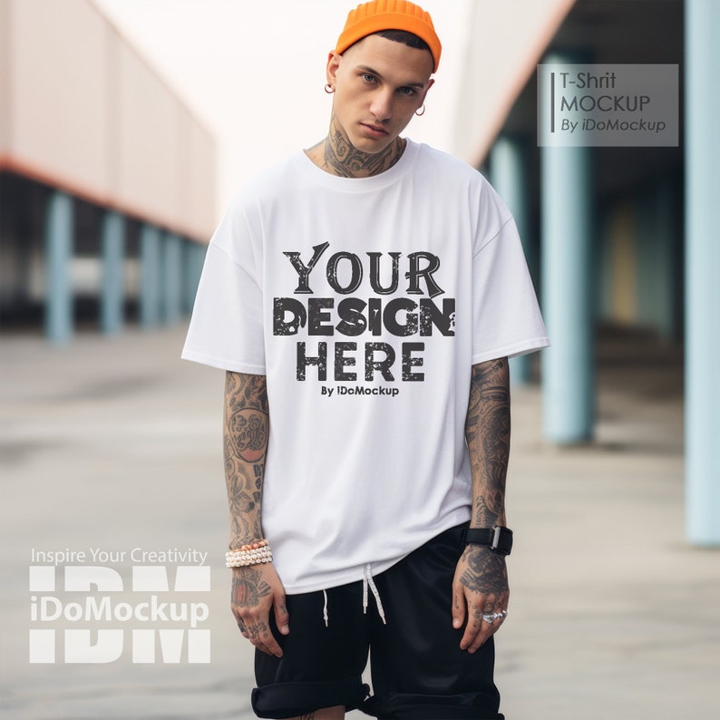 White Comfort Colors 1717 Unisex Tshirt mockup, mens fashion White oversized t-shirt mock up, man model, Street Cool Manly Tattoo mockup