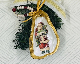 Louisiana Santa Oyster Shell Ornaments, decoration or gift tags