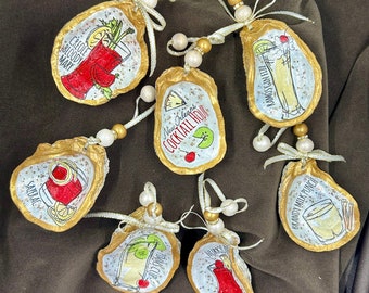 New Orleans Cocktail Hour Oyster Shell Ornaments, gift or bottle tags