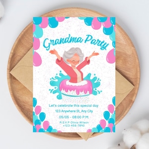 Plantilla de invitación de cumpleaños de abuela Invitación de cumpleaños número 80 de abuela Tarjeta de anciana con globos Invitación editable