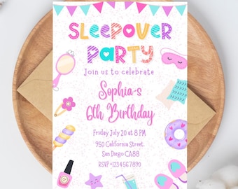 Bearbeitbare Pyjama Party Geburtstagseinladung Sleepover Geburtstag einladen Rosa Mädchen Spa Tween Teen Digitaler Download Druckbare Vorlage Canva