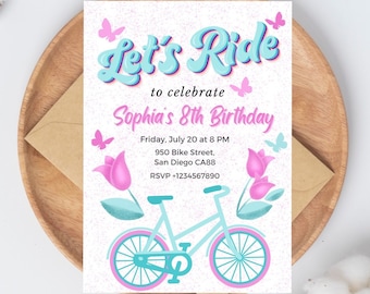 Girl's Bicycle Birthday Invitation, Bike Party Invite (Digital Download)