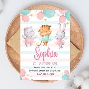 Ballerina animals Birthday Invitation Editable Ballet animals Party Invite Template Pink Tutu Kids Dance Party invitation for girl 202455