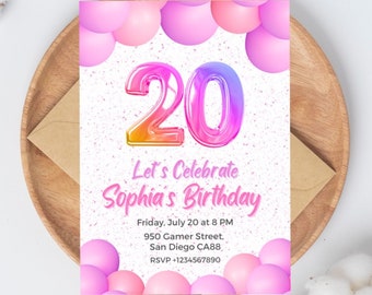 20th Birthday Invitation for girl Birthday Invite for 20 years old with balloons Birthday Party girl invitation twenty years party