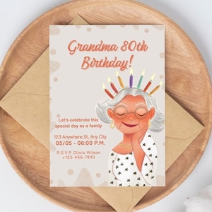 Oma Geburtstagseinladung Vorlage Oma Geburtstagseinladung Alte Frau mit Luftballons Einladung zum 80. Geburtstag Bearbeitbar in Canva