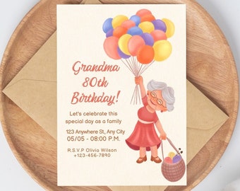 Plantilla de invitación de cumpleaños de abuela Invitación de cumpleaños número 80 de abuela Tarjeta de anciana con globos Invitación editable