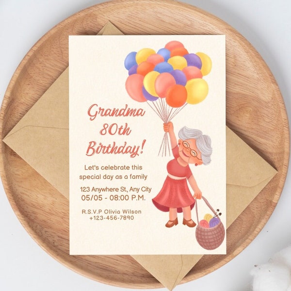 Grandma Birthday Invitation Template Grandmother 80th Birthday invitation Old Woman card with balloons invitation Editable