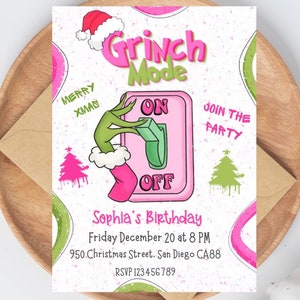 Bewerkbare uitnodiging Grinchmas-feest voor meisje Grinch-verjaardag Uitnodiging kerstfeest Grinch-feestuitnodiging Grinch-modus aan