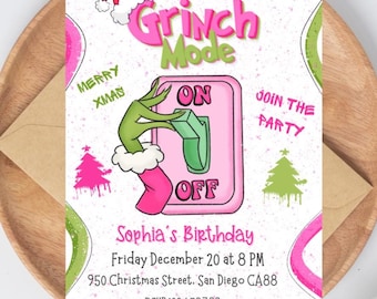 Invitación editable para fiesta de Grinchmas para niña Invitación para fiesta de Navidad de cumpleaños de Grinch Invitación para fiesta de Grinch Modo Grinch activado