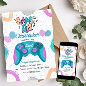 ビデオゲームの誕生日招待状テンプレート ビデオゲームの招待状 ビデオゲームの招待状 アーケードゲームボーイズ ゲーマーパーティー ゲームパーティー 編集可能 Canva