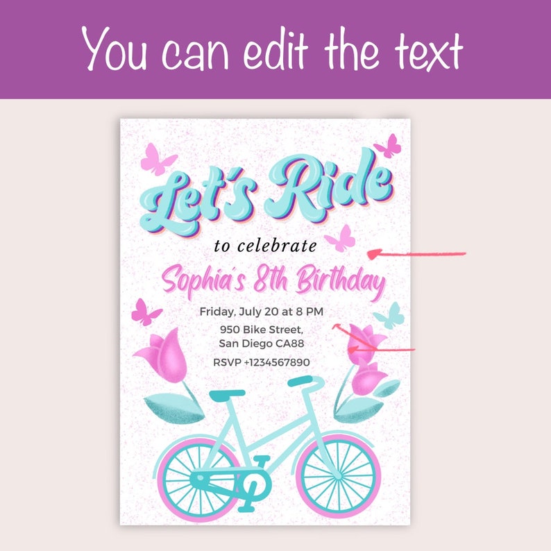 Girl's Bicycle Birthday Invitation, Bike Party Invite (digital Download ...