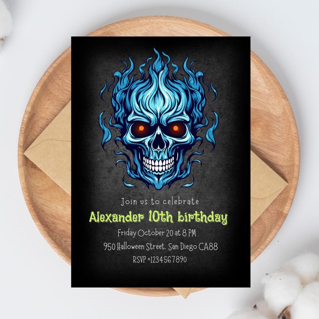 Plantilla de invitación de Halloween editable, invitación de cumpleaños de Halloween gótica, invitación de cumpleaños de esqueleto, invitación de fiesta, invitación de calavera