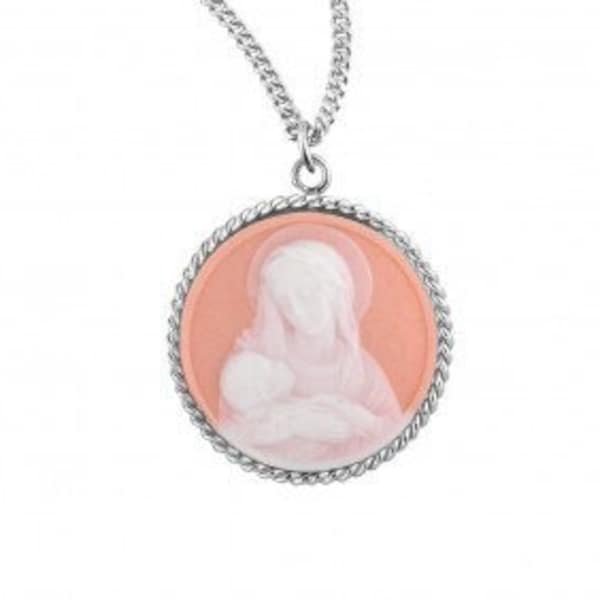 Madonna and Child Cameo Medal necklace, Gift for Catholics that comes in Pink and Blue