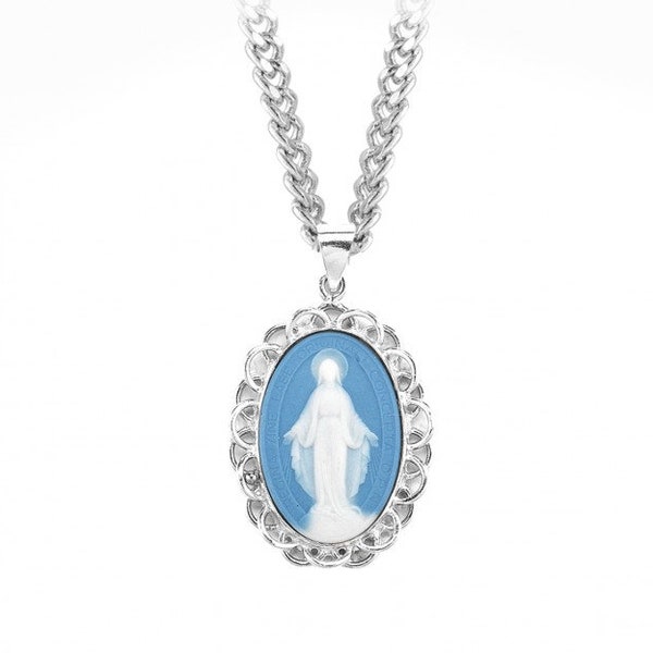 Blue and Silver Cameo Pendant Miraculous Medal Necklace, made in Italy