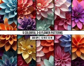 3-D Floral Digital Paper | Seamless Digital Paper | 5 Designs | 3-D Flower Petals | Watercolor Print | Sublimation File