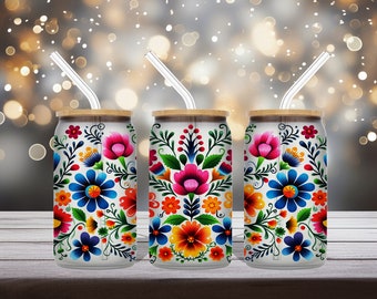 Mexican Flower 16Oz Libbey Glass Wrap | Sublimation Design | Mexico | Digital Download | Talavera | Seamless Wrap
