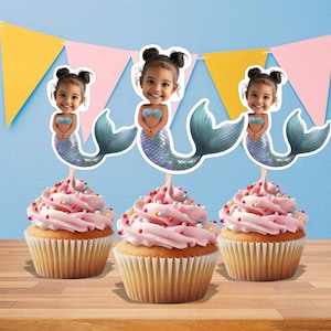 Mermaid Custom Face Cupcake Toppers | Baby Girl Photo Cupcake Toppers | Mermaid Birthday Decor