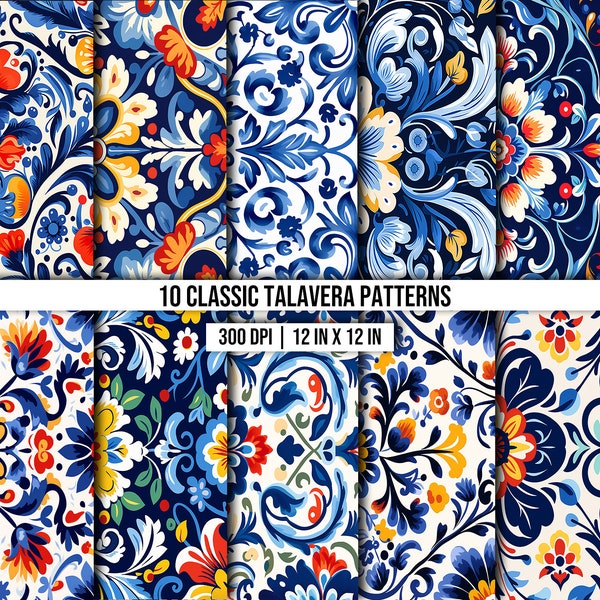 Talavera Inspired Tile | Seamless Digital Paper | 10 Designs | Mexican Florals | Talavera Print | PNG File