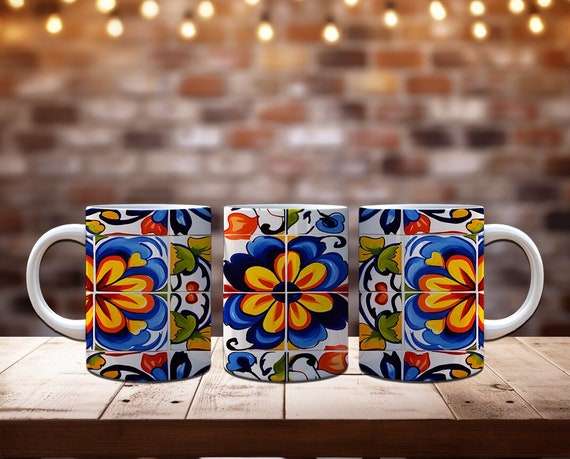 Talavera Inspired 11oz Coffee Mug Glass Wrap Sublimation Design