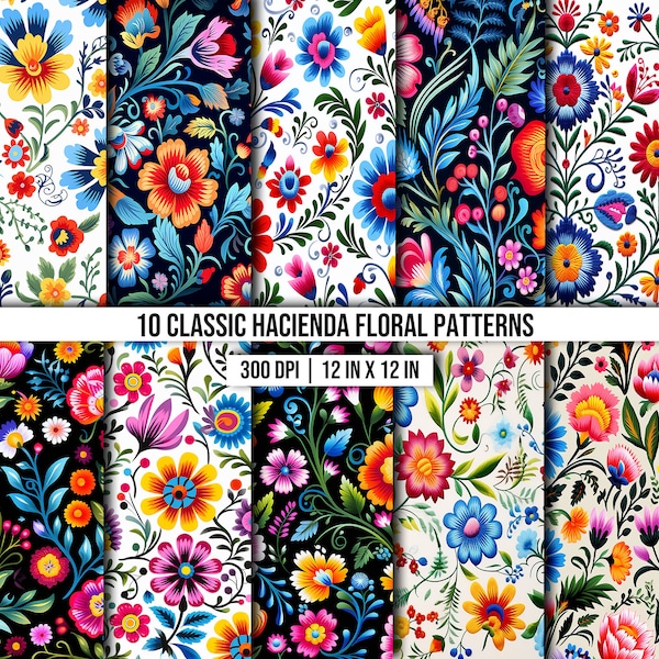 Mexican Embroidered Florals Digital Paper | Seamless Digital Paper | 10 Designs | Mexican Florals | Talavera Print | PNG File