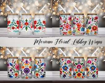 Mexican Flowers 16Oz Libbey Glass Sublimation Wrap | Floral Sublimation Design | Mexico | Digital Download | Talavera | Seamless Wrap