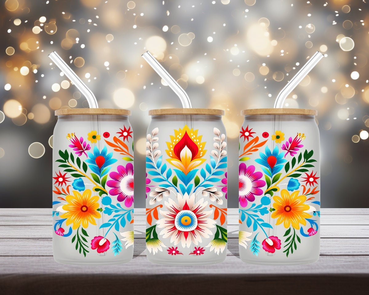 Mexican Flower 16Oz Libbey Glass Wrap | Sublimation Design | Mexico | Digital Download | Talavera | Seamless Wrap