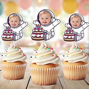 Astronaut Personalized Face Cupcake Toppers | Baby Boy Photo Toppers | Space Themed Birthday | Around the Sun Birthday Decor | Digital File