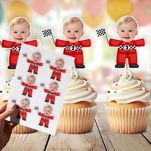 Race Car Driver Photo Cupcake Toppers Personalized | Racing Car Driver Face Cake Toppers | Racing Birthday Party Decor
