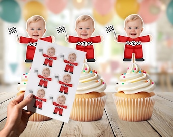 Race Car Driver Photo Cupcake Toppers Personalized | Racing Car Driver Face Cake Toppers | Racing Birthday Party Decor