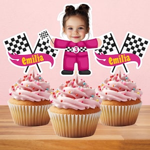 Pink Race Car Driver Photo Cupcake Toppers Personalized | Racing Car Driver Face Cake Toppers | Racing Birthday Party Decor | Girls Race Car