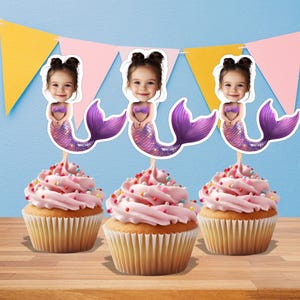 Mermaid Custom Face Cupcake Toppers | Baby Girl Photo Cupcake Toppers | Mermaid Birthday Decor