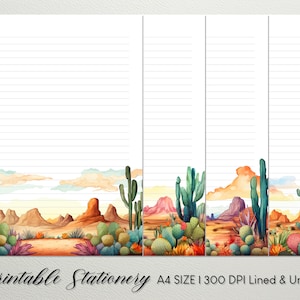 Zestaw papeterii do druku Cactus | Liniowany papier do pisania bez linii | Format A4 | Akwarela Widok pustyni | Papeteria do druku