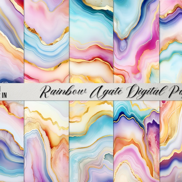 Pastel Rainbow Agate Digital Paper | Pastel Marble and Gold Paper | Pastel Geode | Made For Commercial Use | Agate Digital Paper