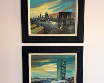 Two Vintage Original New York City Scene Oil Paintings By Edgar A. Stareck (Sold as Is) | Brooklyn Bridge & United Nations Building