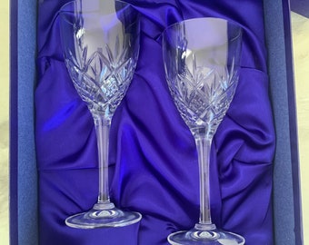 Vintage Royal Doulton Finest Crystal Pair of Hellene Wine Glasses New in Box (box shows some wear), 7" Tall | The Royal Doulton Company