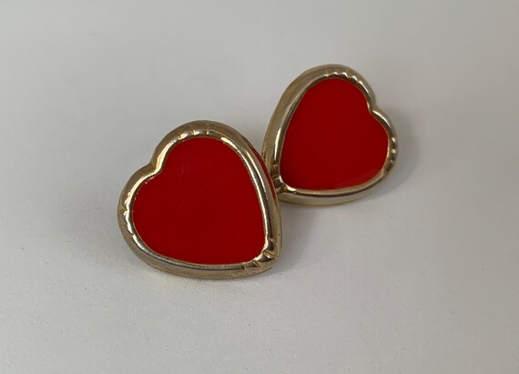 Ruby Red Enamel Heart Shape Stud Earrings, Gold A… - image 1