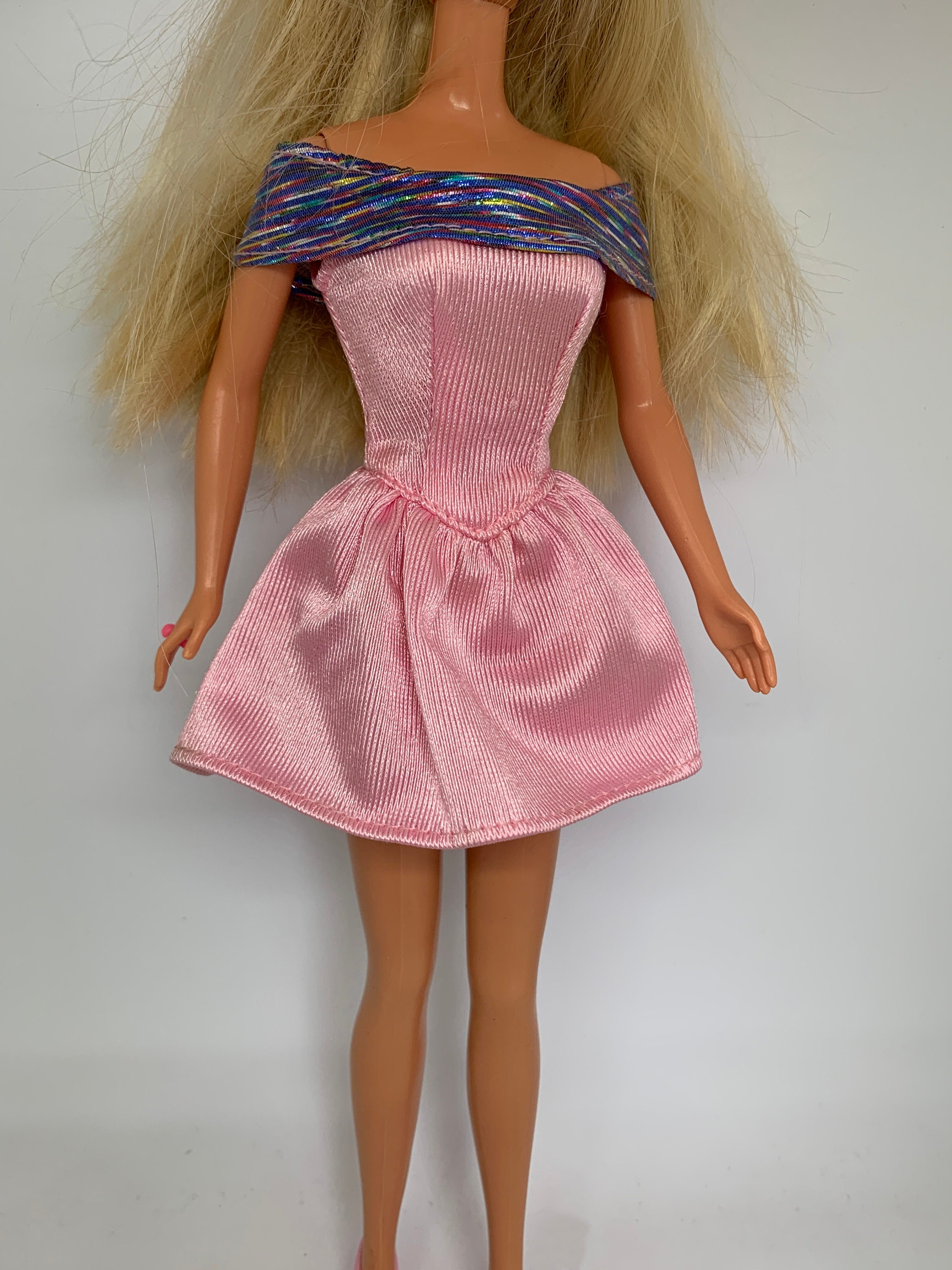 pink barbie cocktail dress vintage Barbie pink silk cocktail party dress with white & silver sequins  and beading center rose and starburst design. STUNNING!