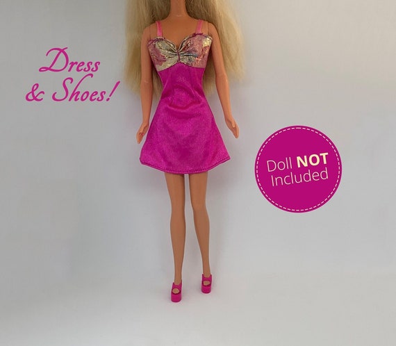 Vintage 1990s Barbie Pink and Metallic Shimmery Gold Top, Short Summer Dress With Pair of Pink High Heel Shoes | Genuine Barbie Tag Clothes - Etsy Vintage 1990s Barbie Pink and Metallic Shimmery Gold Top, Short Summer Dress With Pair of Pink High Heel Shoes | Genuine Barbie Tag Clothes - Etsy
