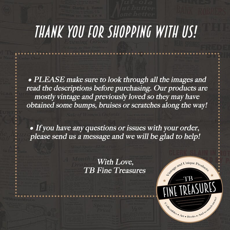 Puede incluir: Imagen con texto que dice "THANK YOU FOR SHOPPING WITH US!" y "TB FINE TREASURES". El texto tambi&eacute;n incluye un mensaje sobre productos vintage y c&oacute;mo contactar al vendedor.
