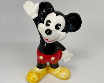 Vintage 1970s Pie-Eyed Mickey Mouse Standing and Waving Ceramic Figurine | Walt Disney Productions, Made in Japan, Bookshelf Decor
